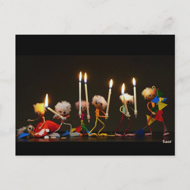 Fubby's walking around festively with candles, fun postcard (Front)