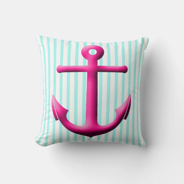 Fuchsia and Aqua Anchor and Stripes Cushion (Front)