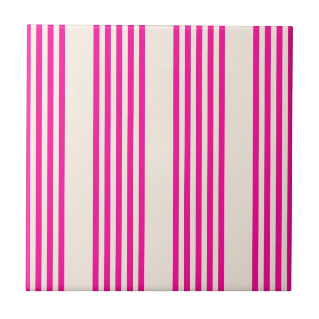 Fuchsia and beige five stripes pattern ceramic tile (Front)