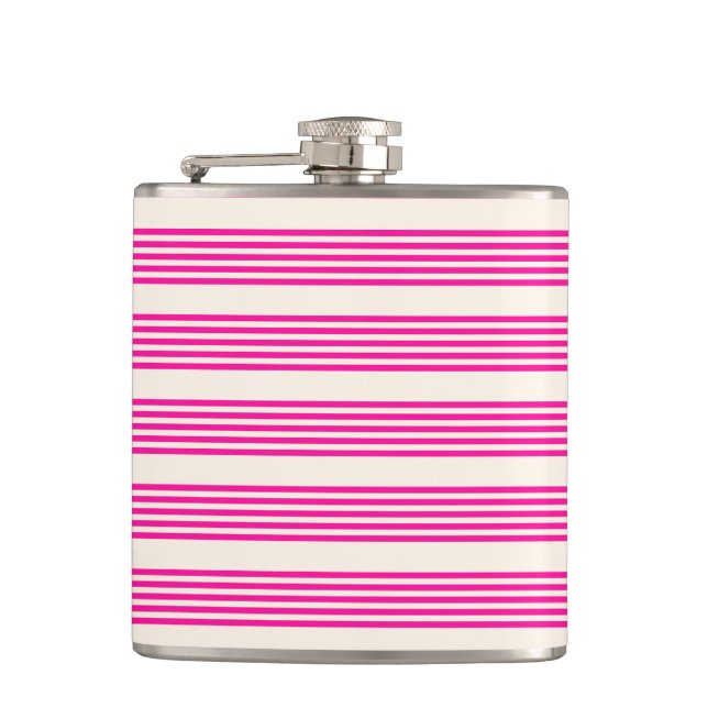 Fuchsia and beige five stripes pattern hip flask (Front)