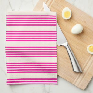 Fuchsia and beige five stripes pattern tea towel