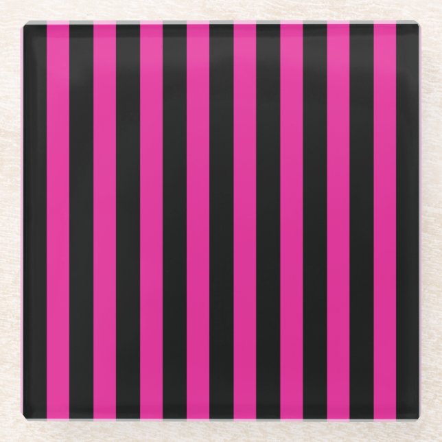Fuchsia and black candy stripes glass coaster (Front)