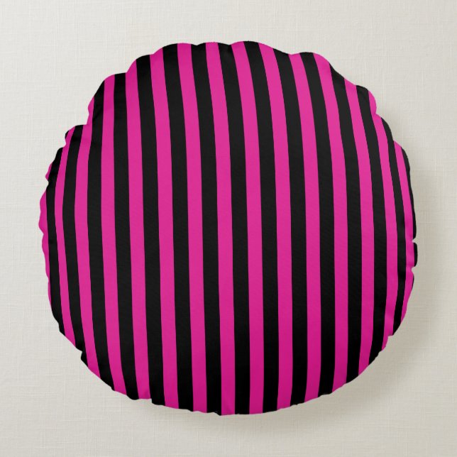 Fuchsia and black candy stripes round cushion (Front)