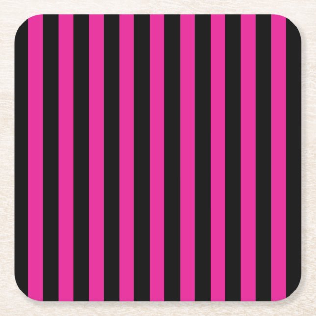 Fuchsia and black candy stripes square paper coaster (Front)