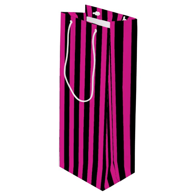 Fuchsia and black candy stripes wine gift bag (Front Angled)