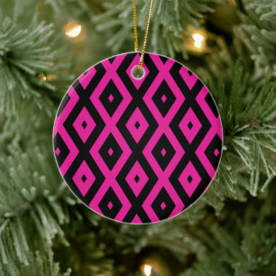Fuchsia and black diamond pattern ceramic ornament