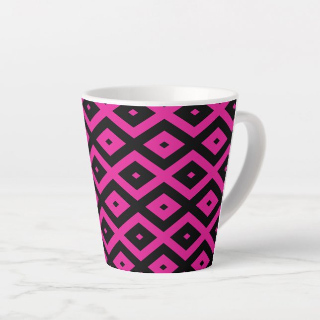 Fuchsia and black diamond pattern latte mug (Right Angle)