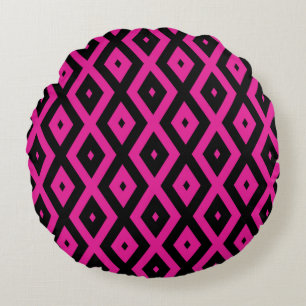 Fuchsia and black diamond pattern round cushion
