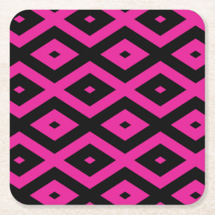Fuchsia and black diamond pattern square paper coaster
