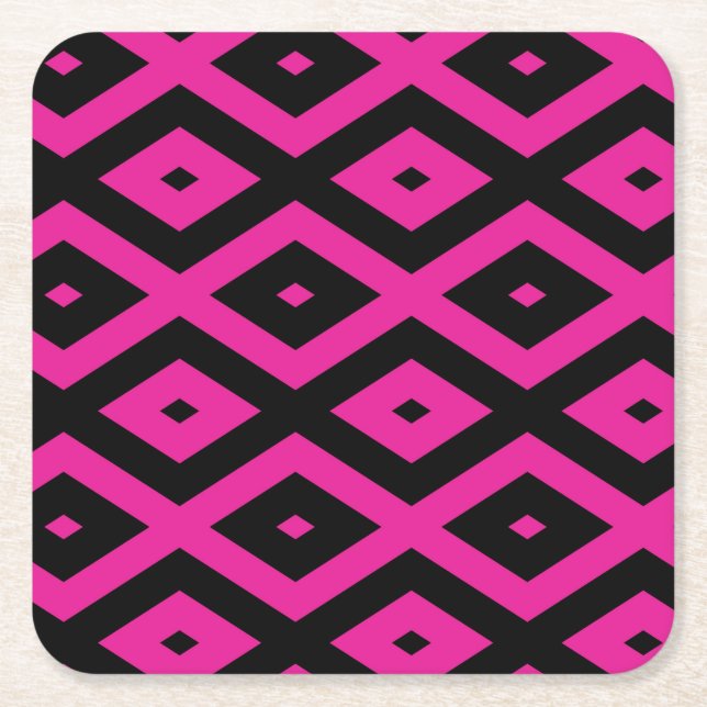 Fuchsia and black diamond pattern square paper coaster (Front)