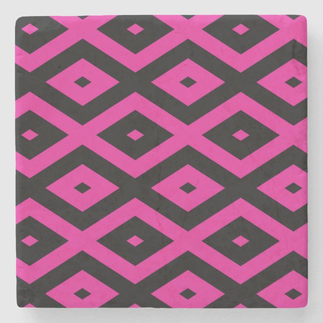 Fuchsia and black diamond pattern stone coaster (Front)