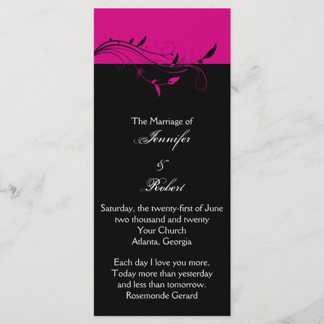 Fuchsia and Black Floral Filigree Wedding Program (Front)