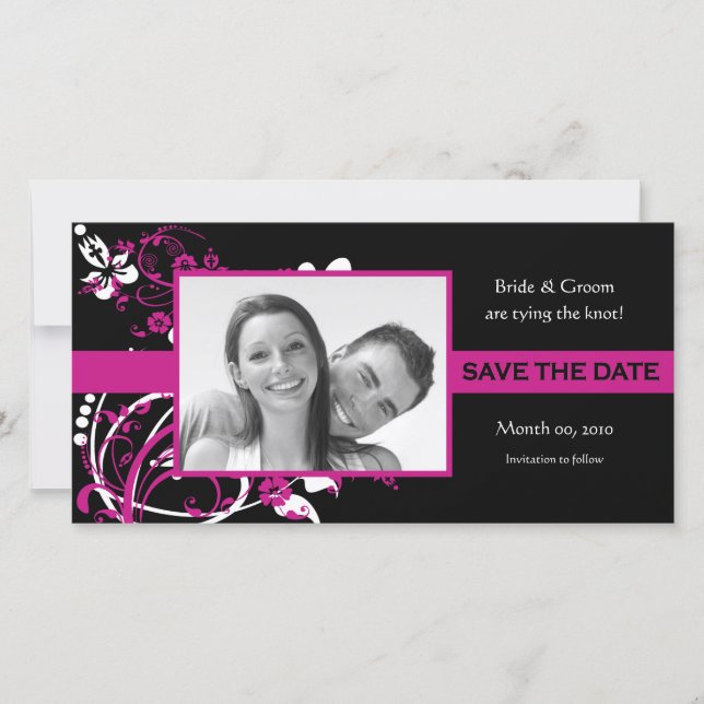 Fuchsia and Black Floral Save the Date Photo Cards (Front)