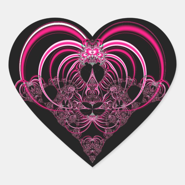 Fuchsia and black fractal heart heart sticker (Front)