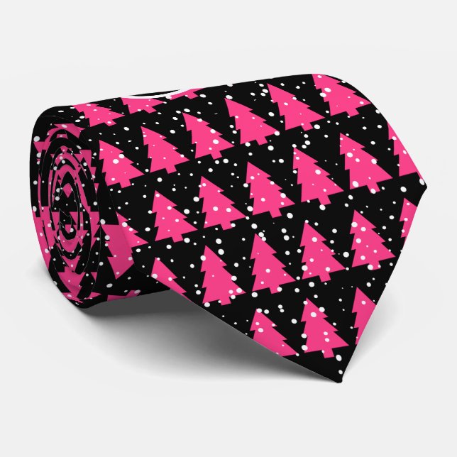Fuchsia And Black Monogram Christmas Tree Neck Tie (Rolled)