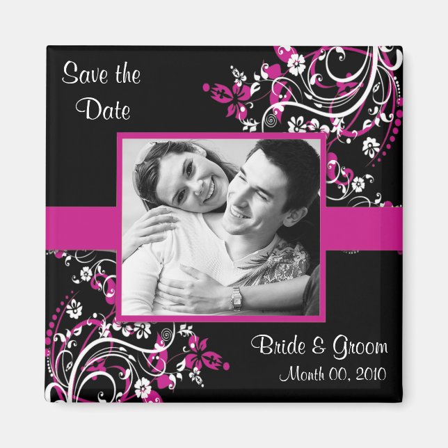 Fuchsia and Black Save the Date photo magnets (Front)
