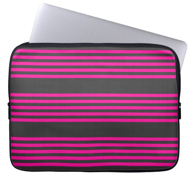 Fuchsia and charcoal five stripes pattern laptop sleeve (Front)