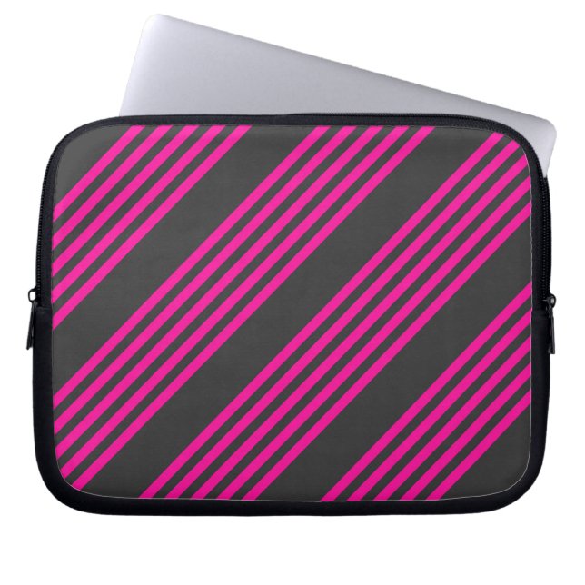 Fuchsia and charcoal five stripes pattern laptop sleeve (Front)
