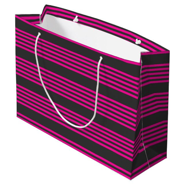 Fuchsia and charcoal five stripes pattern large gift bag (Back Angled)