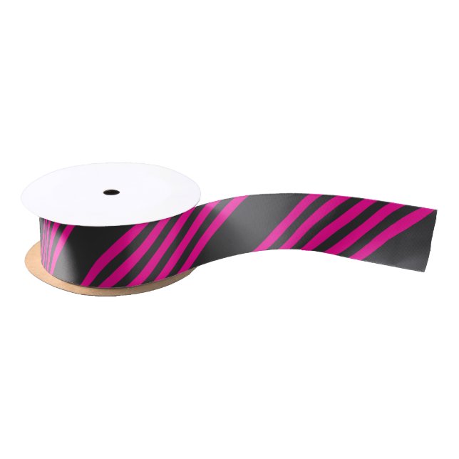 Fuchsia and charcoal five stripes pattern satin ribbon (Spool)