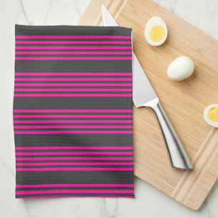 Fuchsia and charcoal five stripes pattern tea towel