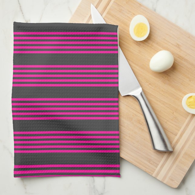 Fuchsia and charcoal five stripes pattern tea towel (Quarter Fold)