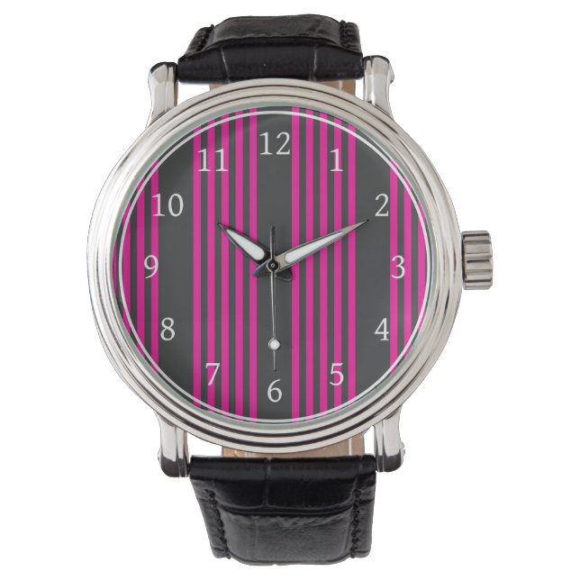 Fuchsia and charcoal five stripes pattern watch (Front)