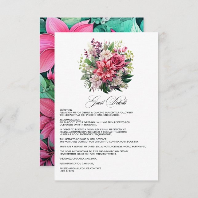 Fuchsia and Emerald Green Wedding Guest Details Enclosure Card (Front/Back)