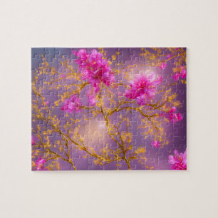 Fuchsia and Gold Florals Jigsaw Puzzle