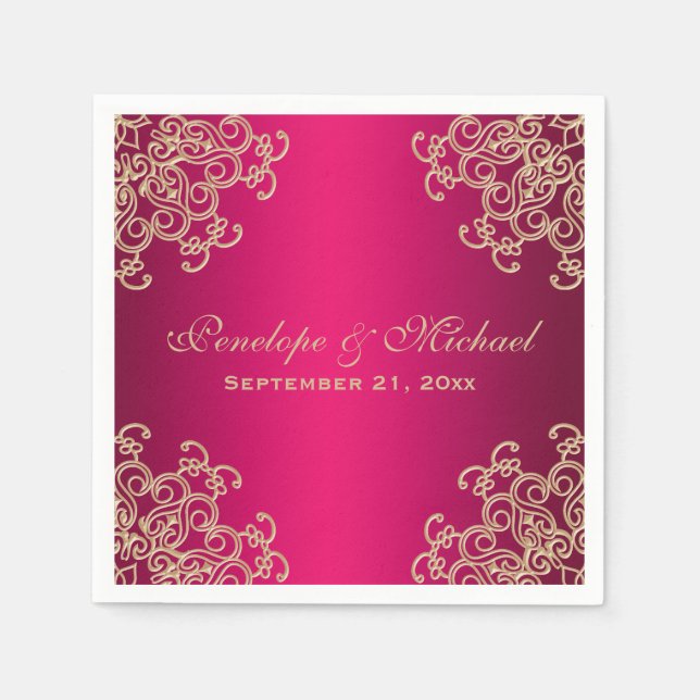 Fuchsia and Gold Indian Style Wedding Napkin (Front)
