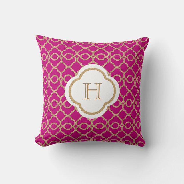 Fuchsia and Gold Moroccan Monogram Cushion (Front)