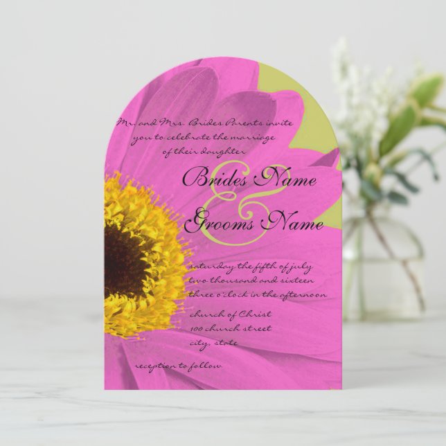 Fuchsia and Lime Gerber Daisy Wedding Invitation (Standing Front)