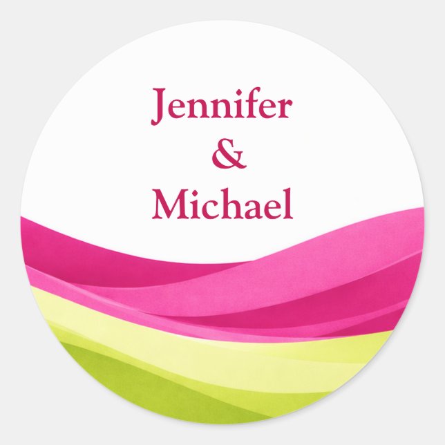 Fuchsia and Lime Green Personalized Wedding Classic Round Sticker (Front)