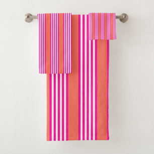 Fuchsia and living coral five stripes pattern bath towel set