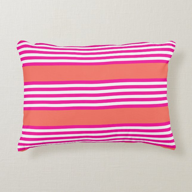 Fuchsia and living coral five stripes pattern decorative cushion (Front)