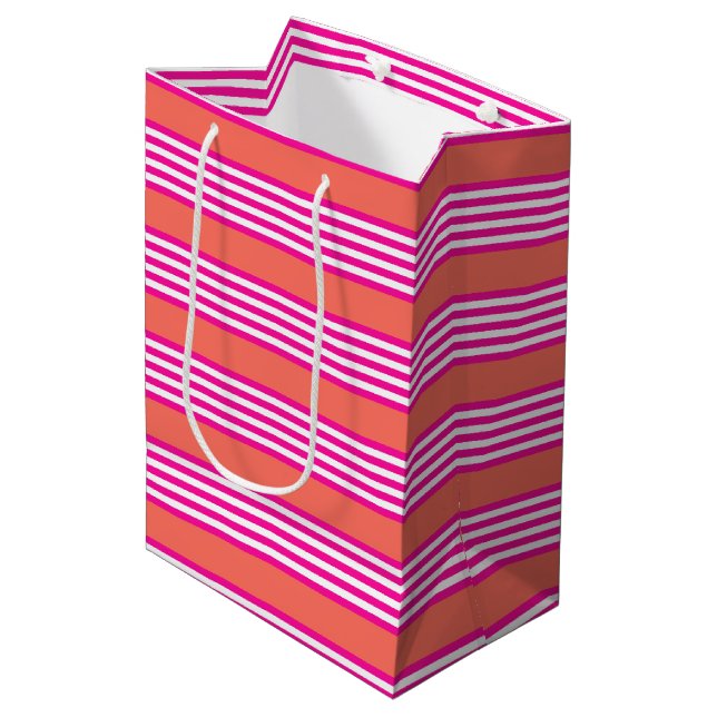 Fuchsia and living coral five stripes pattern medium gift bag (Front Angled)