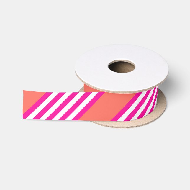 Fuchsia and living coral five stripes pattern satin ribbon (Spool)