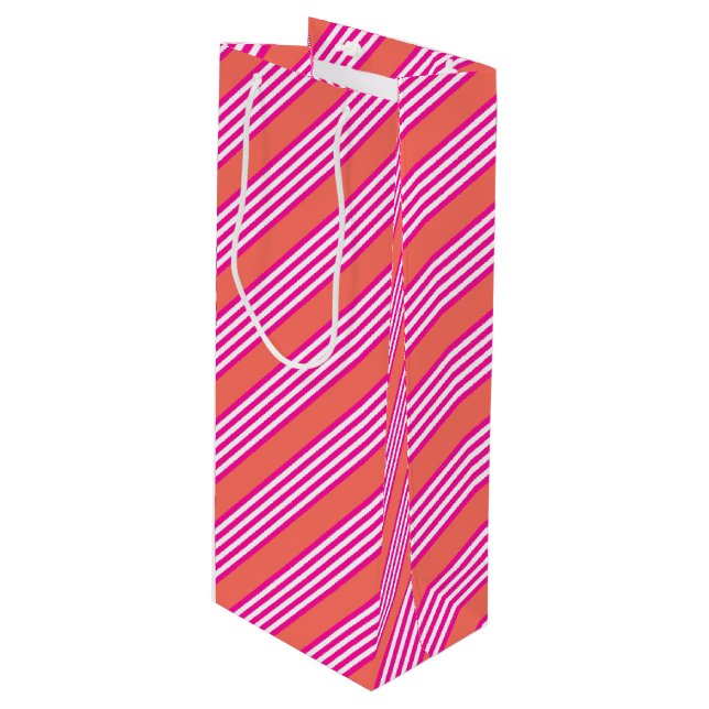 Fuchsia and living coral five stripes pattern wine gift bag (Front Angled)