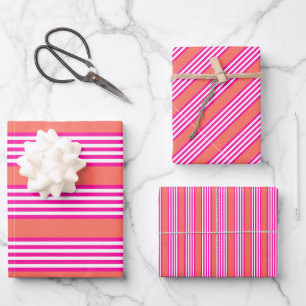 Fuchsia and living coral five stripes pattern wrapping paper sheet