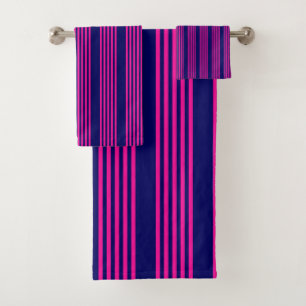Fuchsia and navy blue five stripes pattern bath towel set