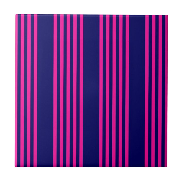 Fuchsia and navy blue five stripes pattern ceramic tile (Front)