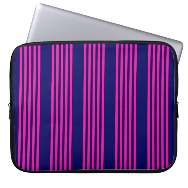 Fuchsia and navy blue five stripes pattern laptop sleeve (Front)