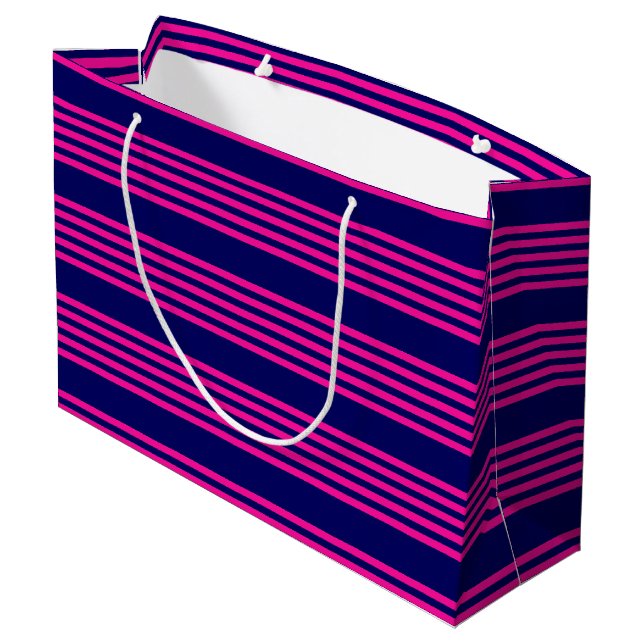 Fuchsia and navy blue five stripes pattern large gift bag (Back Angled)