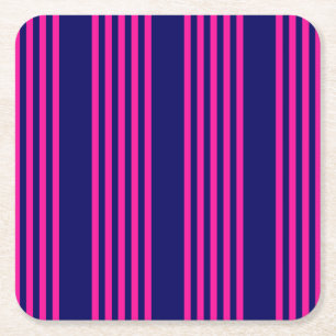Fuchsia and navy blue five stripes pattern square paper coaster