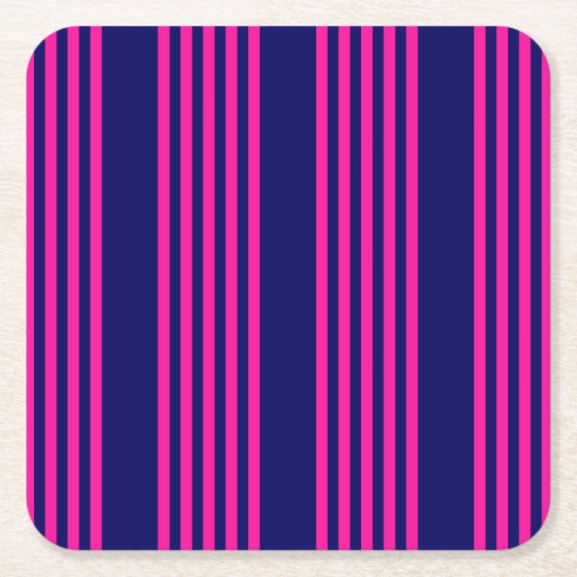 Fuchsia and navy blue five stripes pattern square paper coaster (Front)