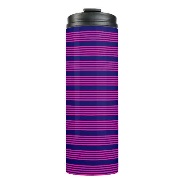 Fuchsia and navy blue five stripes pattern thermal tumbler (Front)