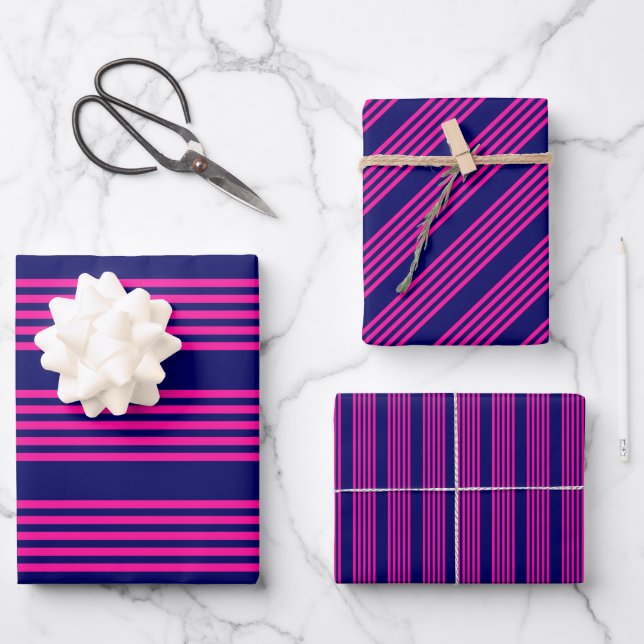 Fuchsia and navy blue five stripes pattern wrapping paper sheet (Front)