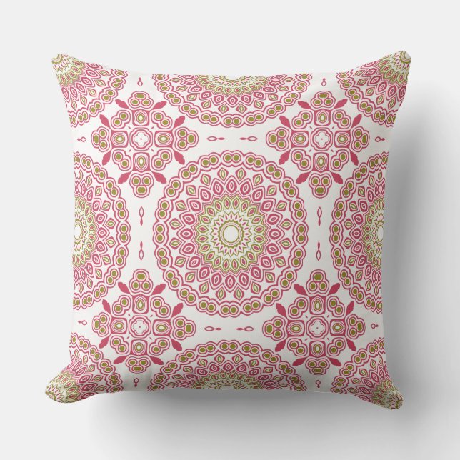 Fuchsia and Olive Mandala Pattern Cushion (Front)