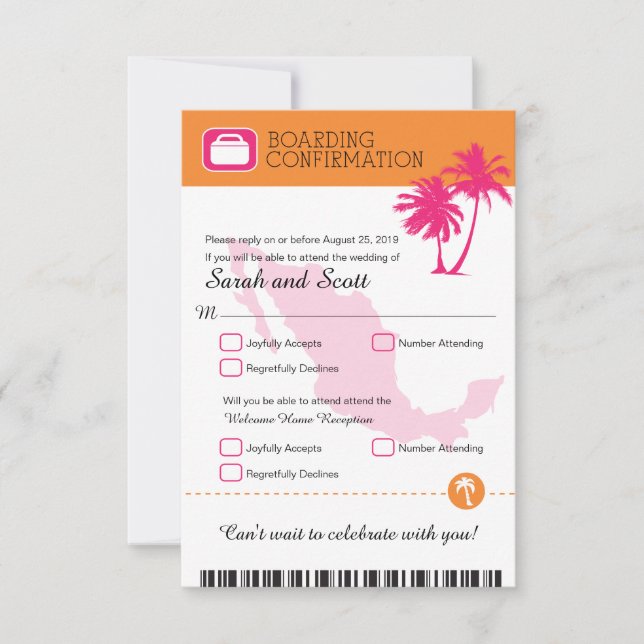 Fuchsia and Orange Palm Tree Mexico RSVP Card (Front)