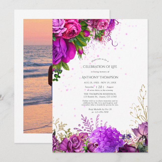 Fuchsia and Purple Floral Celebration of Life Invi Invitation (Front/Back)